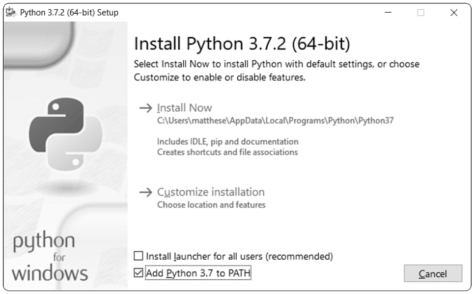 شکل 1: مطمئن شوید که تیک Add Python to PATH را زدهاید.